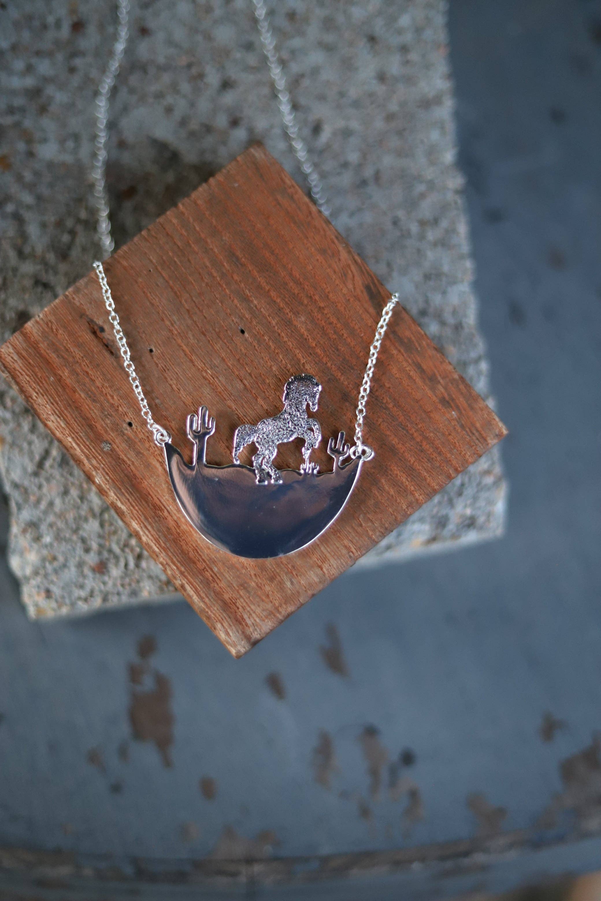 0789 HH109 22' WESTERN HORSE SCENE CUTOUT ON TINY SILVER CHAIN NL boho clothing, festival outfit, hippie style apparel | Elevated Hippie