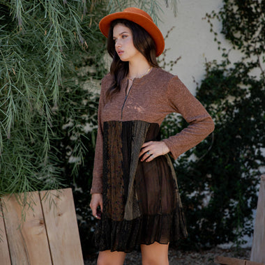 Cozy Sweater Knit Babydoll Dress with Patch Panels & Zipper - The Elevated Hippie