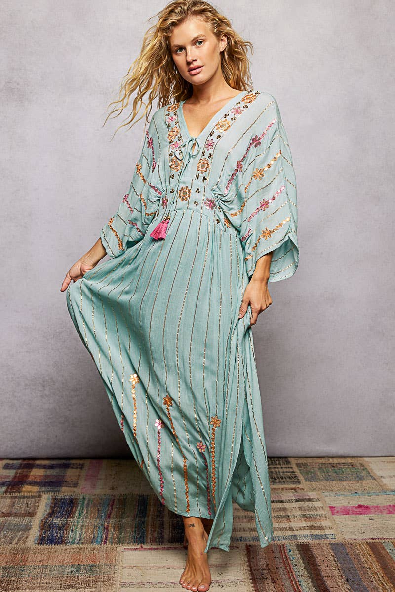V-Neck Tassel Glint Embroidery Cotton Flowy Fit Maxi Dress boho clothing, festival outfit, hippie style apparel | Elevated Hippie