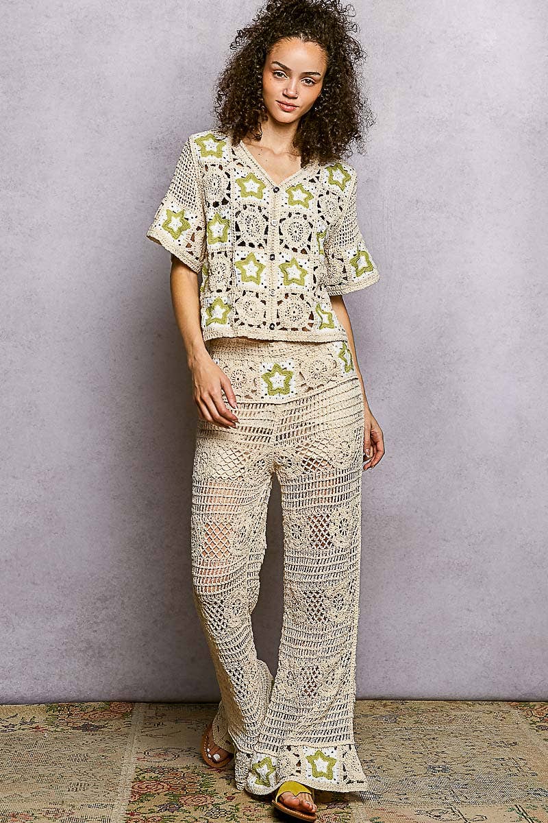 Star Motifs Flared Hem Straight Fit Crochet Pants boho clothing, festival outfit, hippie style apparel | Elevated Hippie
