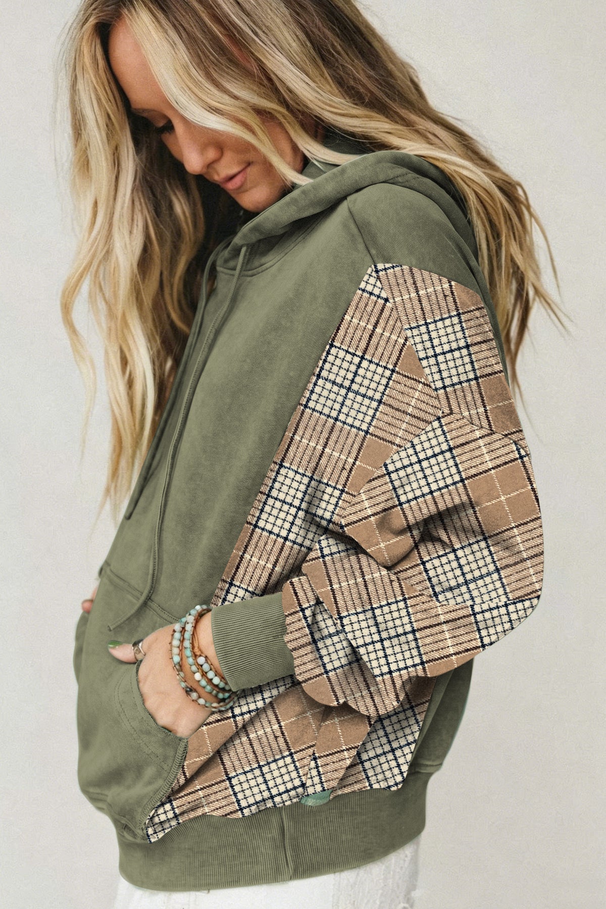 Plaid Sleeve Drawstring Hooded Sweatshirt - Moss Green