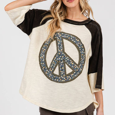 PEACE SIGN PATCH MINERAL WASH TOP - The Elevated Hippie