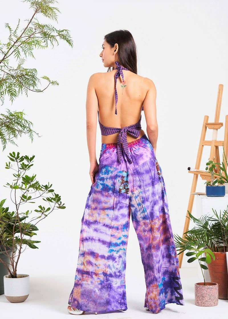 Multi-patch Wide-Leg Elastic Waist Pants (KT-1401) boho clothing, festival outfit, hippie style apparel | Elevated Hippie