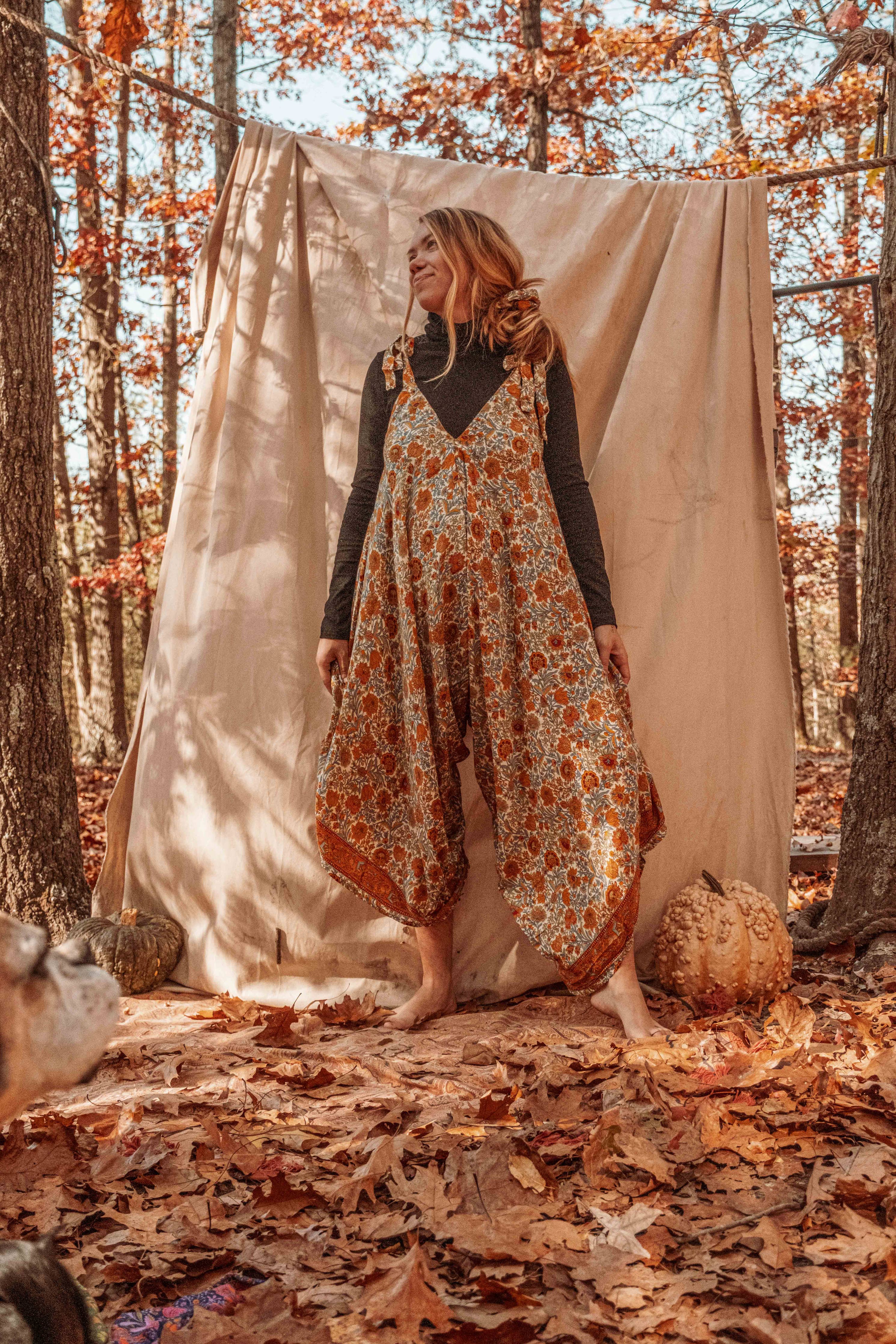 Hippie Bohemian Silk Flowy Tie Jumpsuit, Floral Jumper boho clothing, festival outfit, hippie style apparel | Elevated Hippie