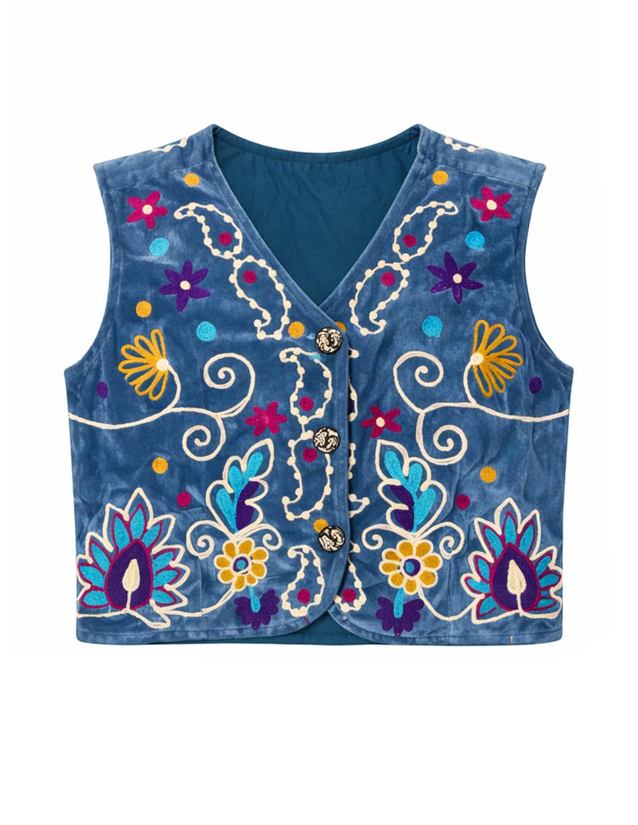 Boho Retro Flower Embroidered Women Velvet Vest boho clothing, festival outfit, hippie style apparel | Elevated Hippie