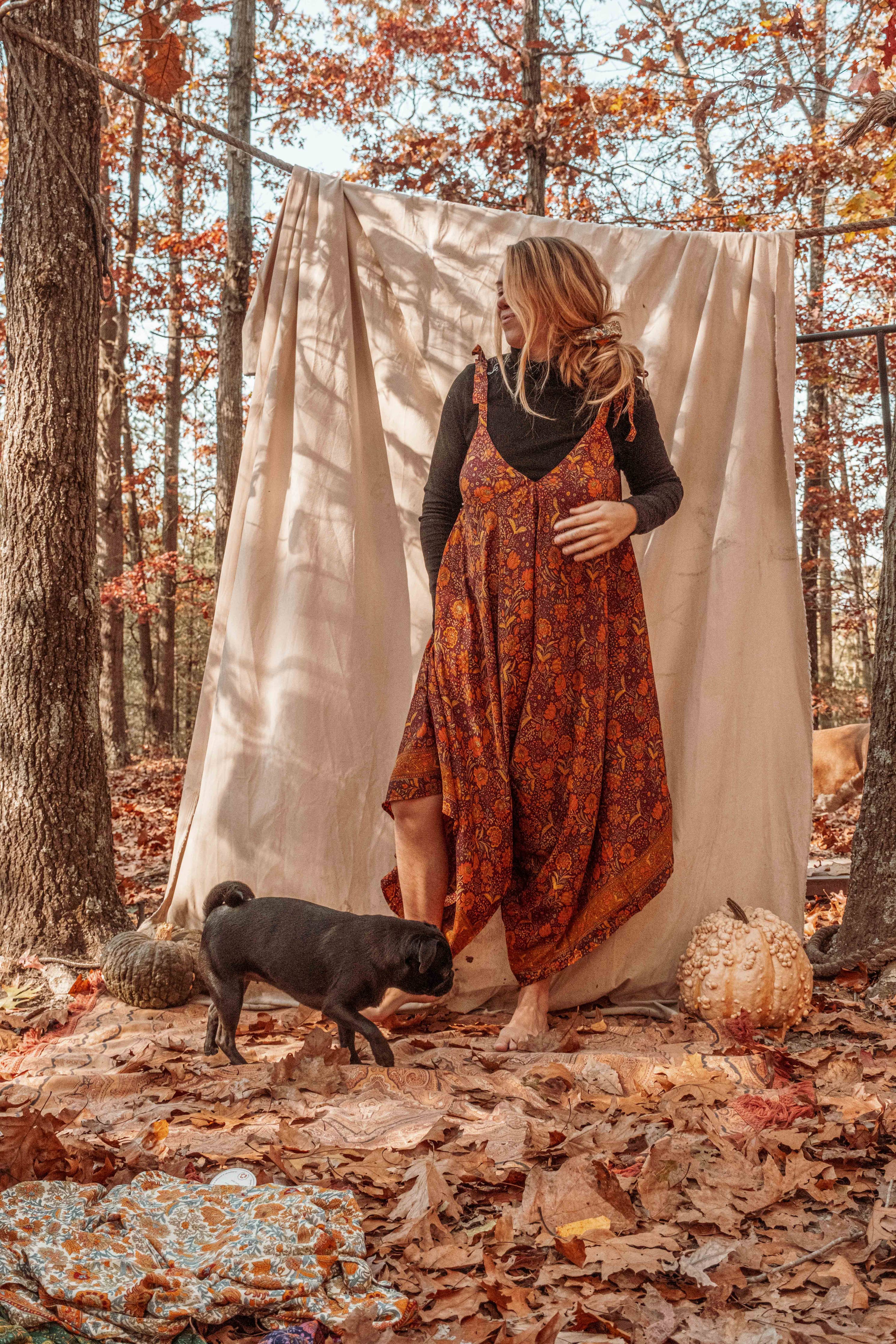 Hippie Bohemian Silk Flowy Tie Jumpsuit, Floral Jumper boho clothing, festival outfit, hippie style apparel | Elevated Hippie