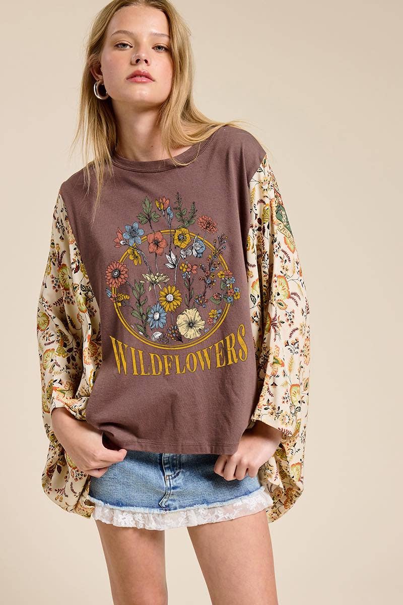 Zutter Wildflowers Vintage Graphic Rustic Sheer Sleeve Kaftan Top boho clothing, festival outfit, hippie style apparel | Elevated Hippie