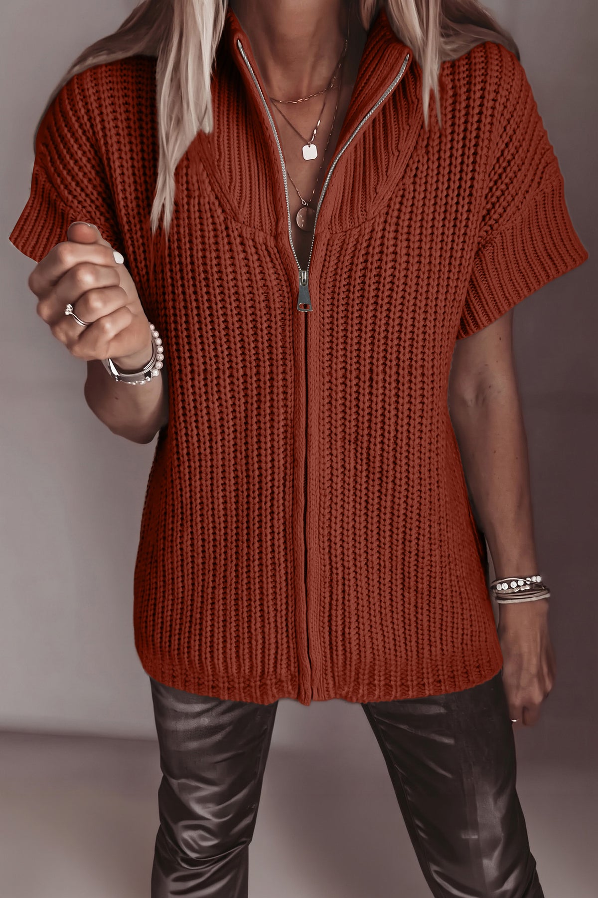 Cinnamon Short Sleeve Zip Knit High Neck Sweater