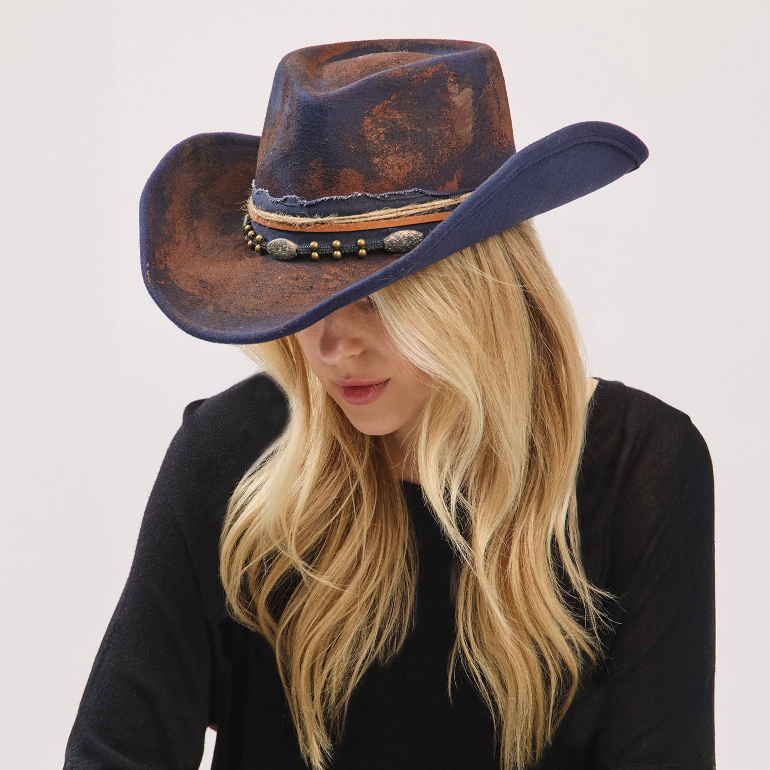 Distressed Fabric Multi Band Cowgirl Fedora Hat boho clothing, festival outfit, hippie style apparel | Elevated Hippie