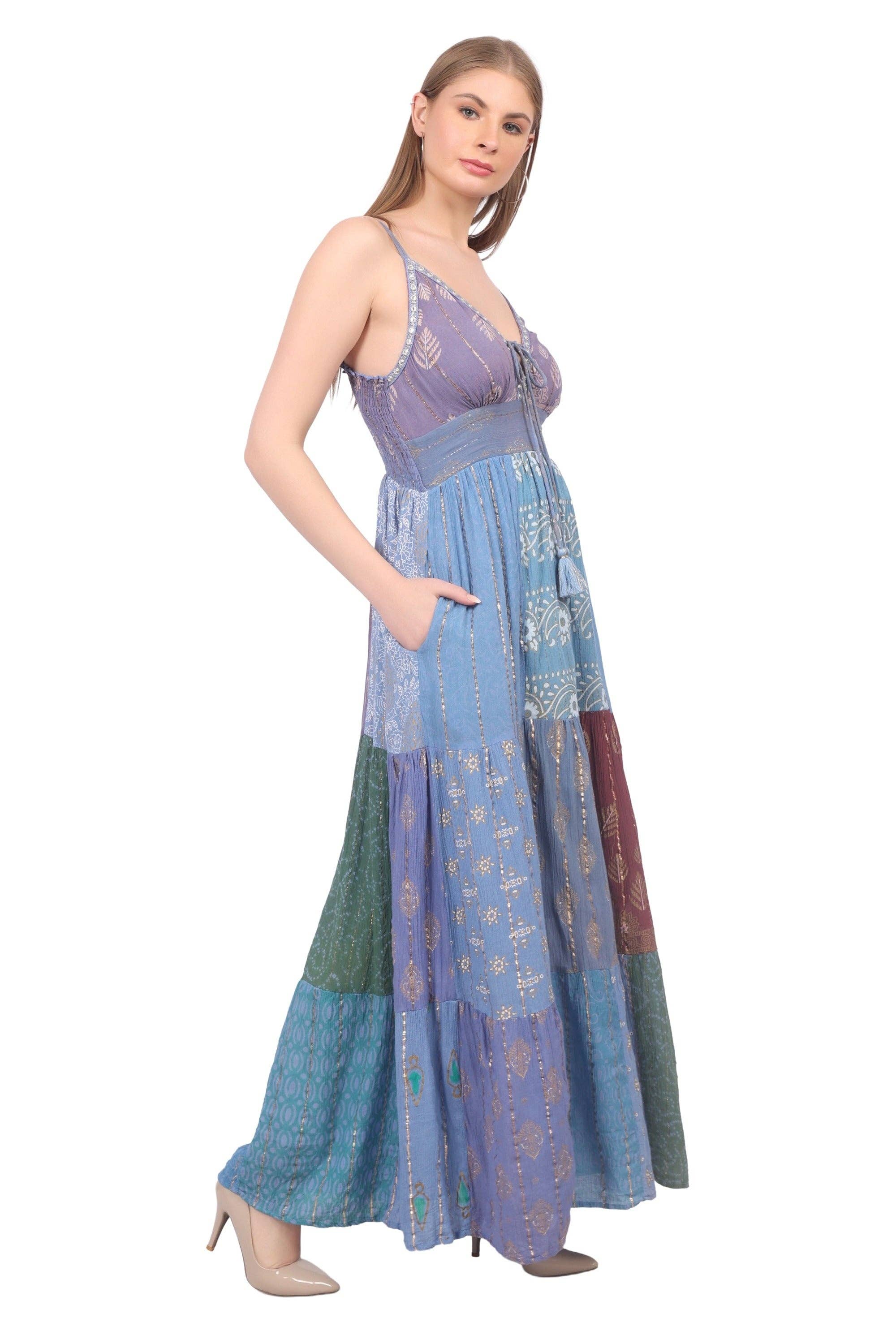 26428 Bohemian Patchwork Maxi Dress – Blue Multi Print Halter Dress boho clothing, festival outfit, hippie style apparel | Elevated Hippie