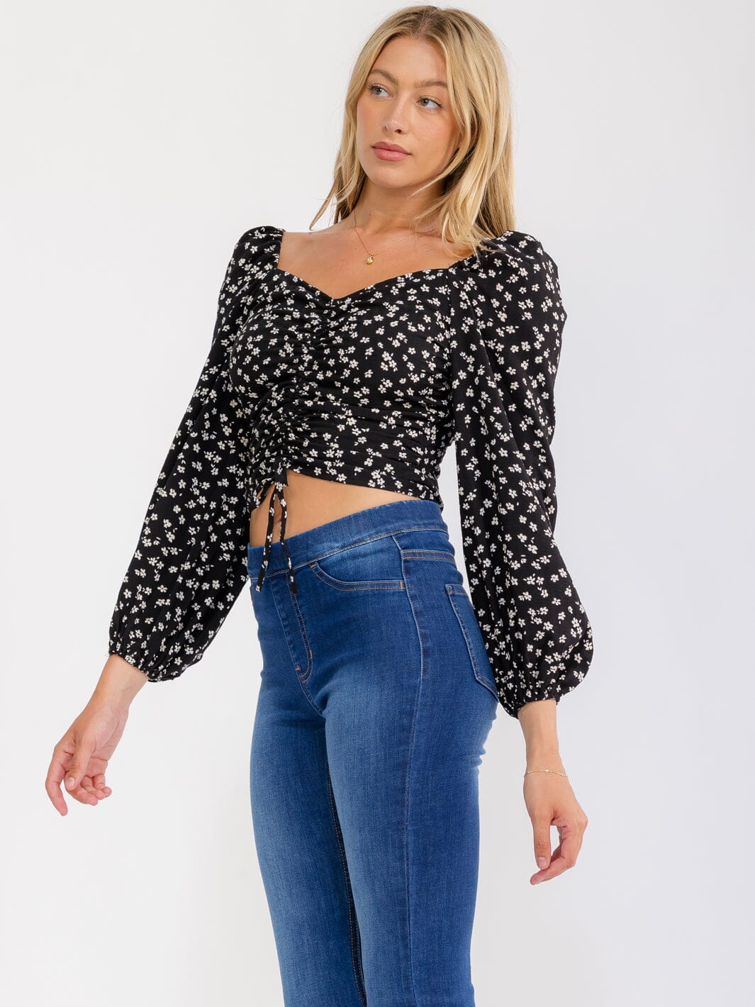 Women's Long Puff Sleeve Ruched Smock Floral Blouse