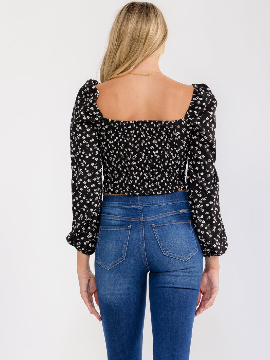 Women's Long Puff Sleeve Ruched Smock Floral Blouse