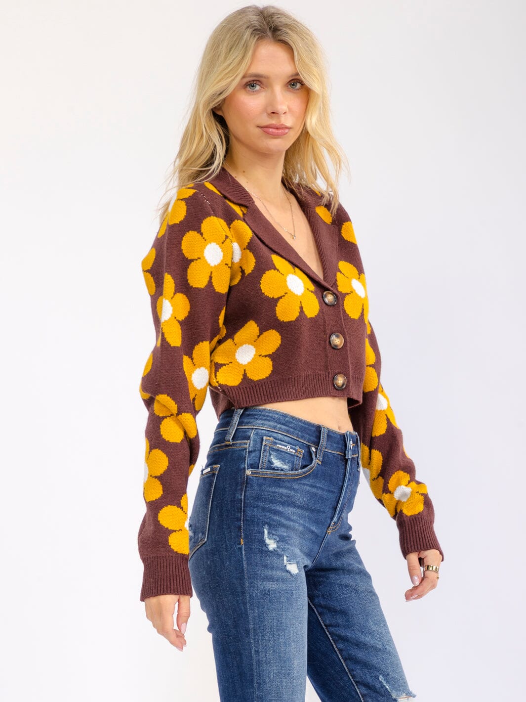 Women's Long Sleeve V-Neck Button Up Floral Colorblock Sweater