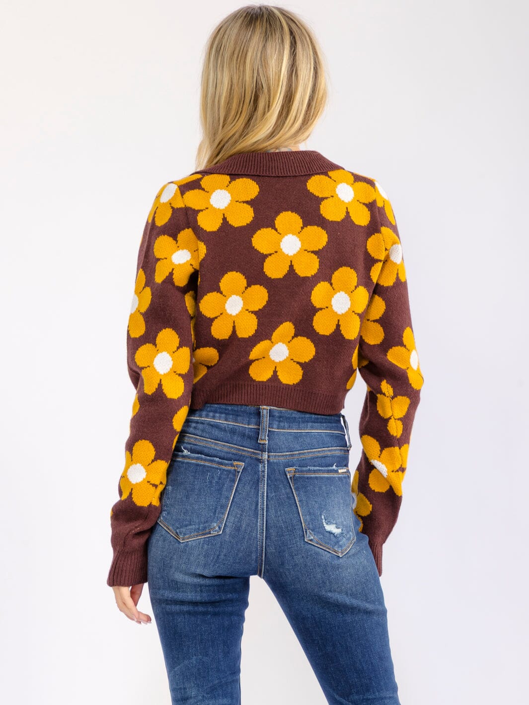 Women's Long Sleeve V-Neck Button Up Floral Colorblock Sweater