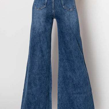 D25-4-A - Embellished wide leg medium blue denim jeans - The Elevated Hippie