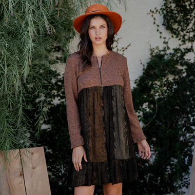 Cozy Sweater Knit Babydoll Dress with Patch Panels & Zipper - The Elevated Hippie