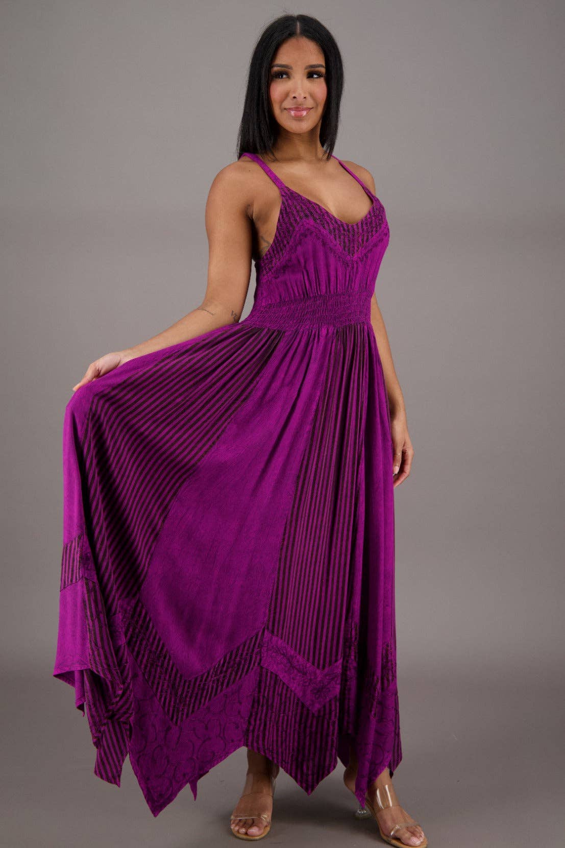 Regal Flair Acid Wash Maxi Dress ADL-24339 boho clothing, festival outfit, hippie style apparel | Elevated Hippie