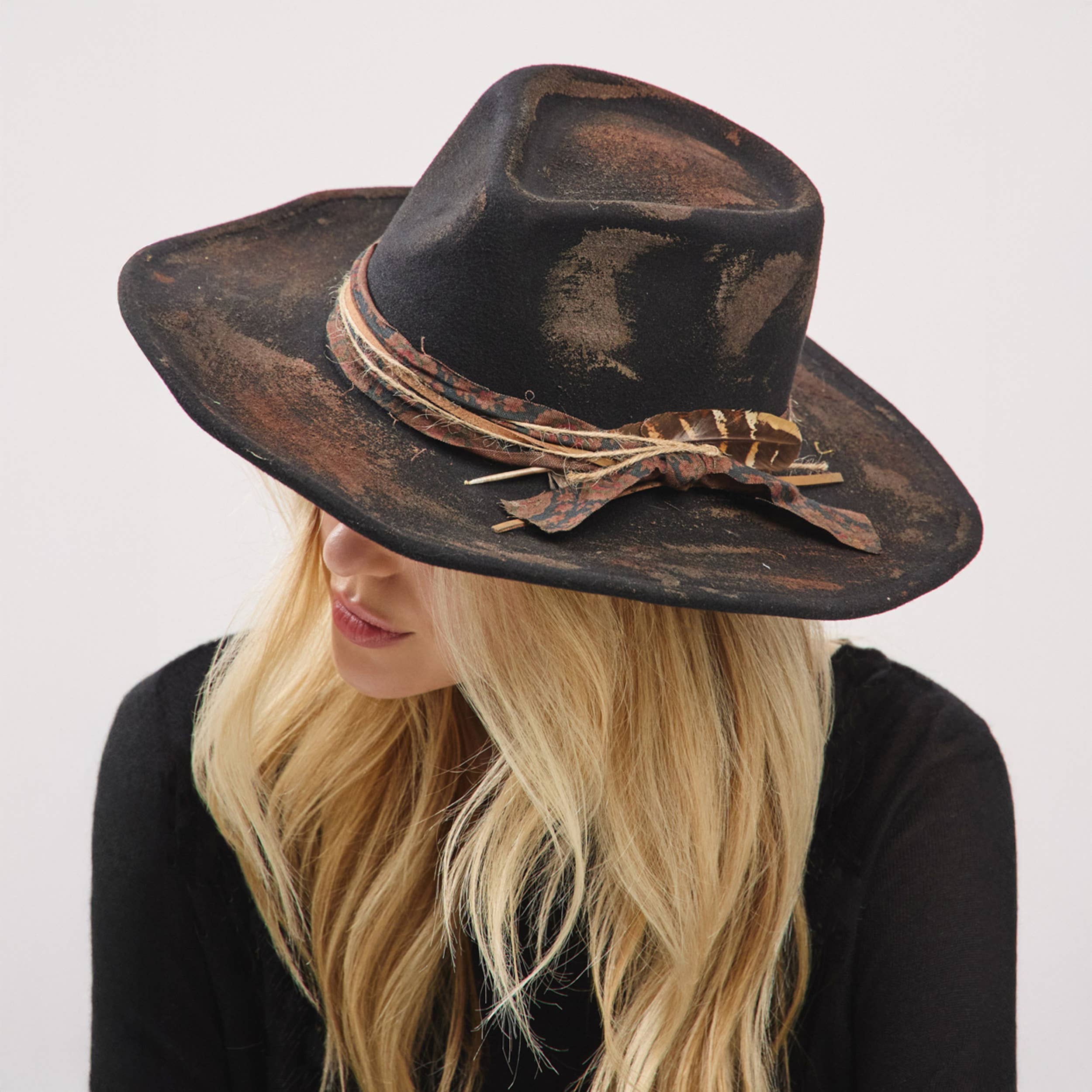 Distressed Fabric Band Feather Cowgirl Fedora Hat boho clothing, festival outfit, hippie style apparel | Elevated Hippie