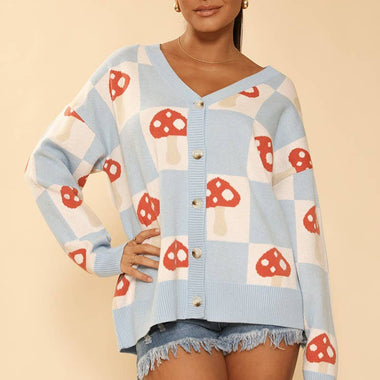 Checkered mushroom knit cardigan