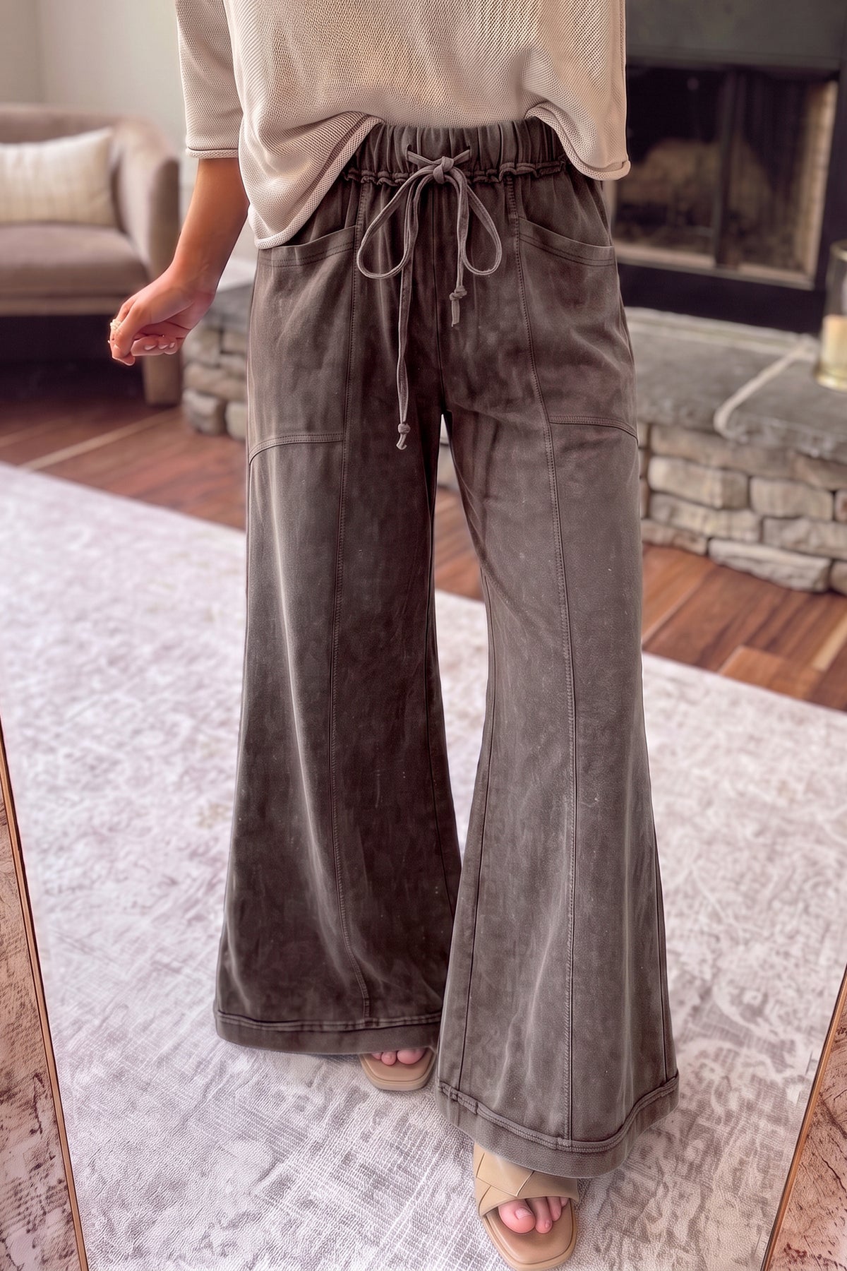 Coffee Mineral Wash Flare Leg Drawstring Pants
