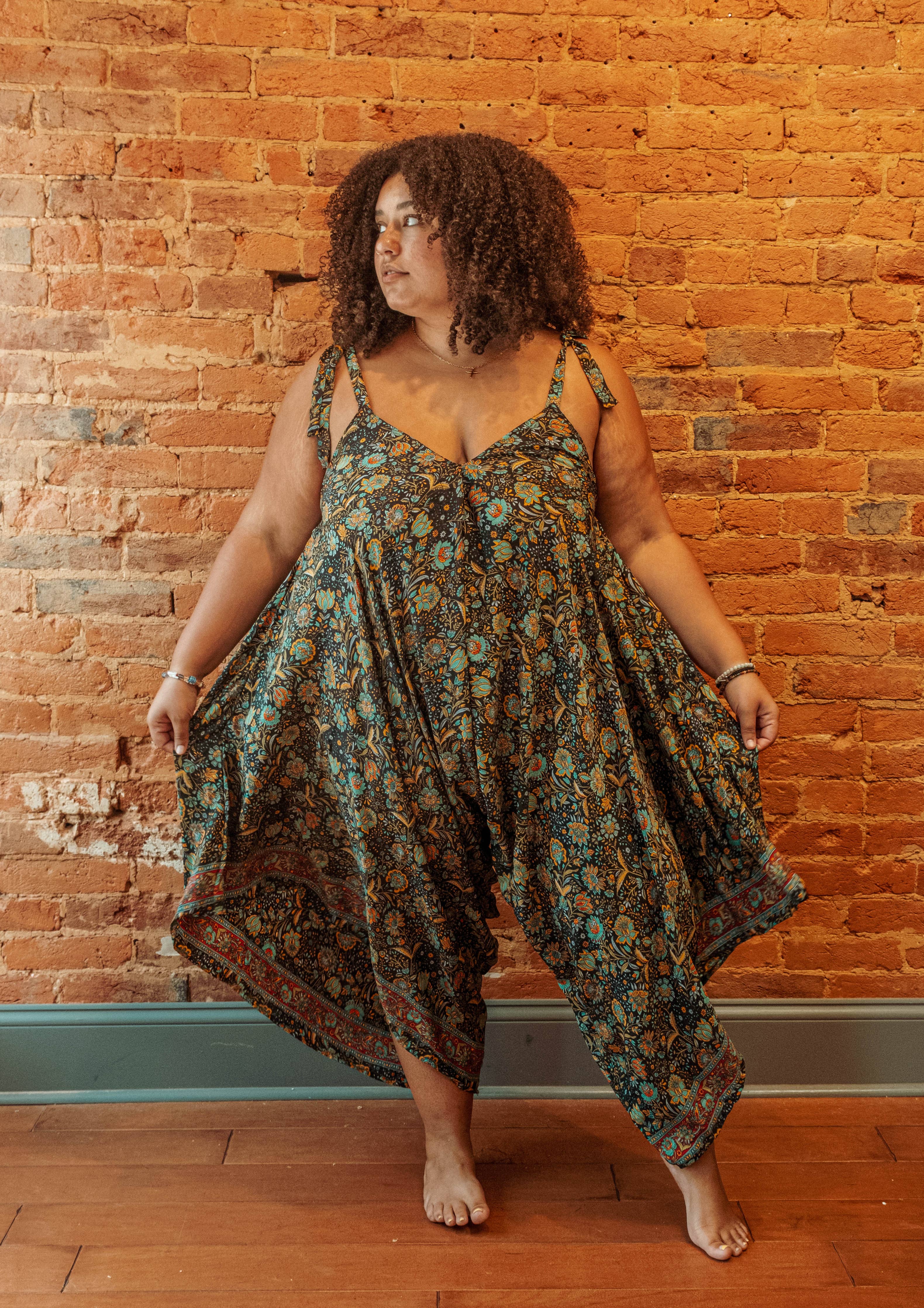 Hippie Bohemian Silk Flowy Tie Jumpsuit, Floral Jumper boho clothing, festival outfit, hippie style apparel | Elevated Hippie