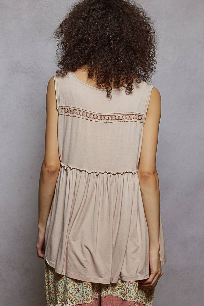 Sleeveless V-Neck Babydoll Lace Trim Knit Top boho clothing, festival outfit, hippie style apparel | Elevated Hippie