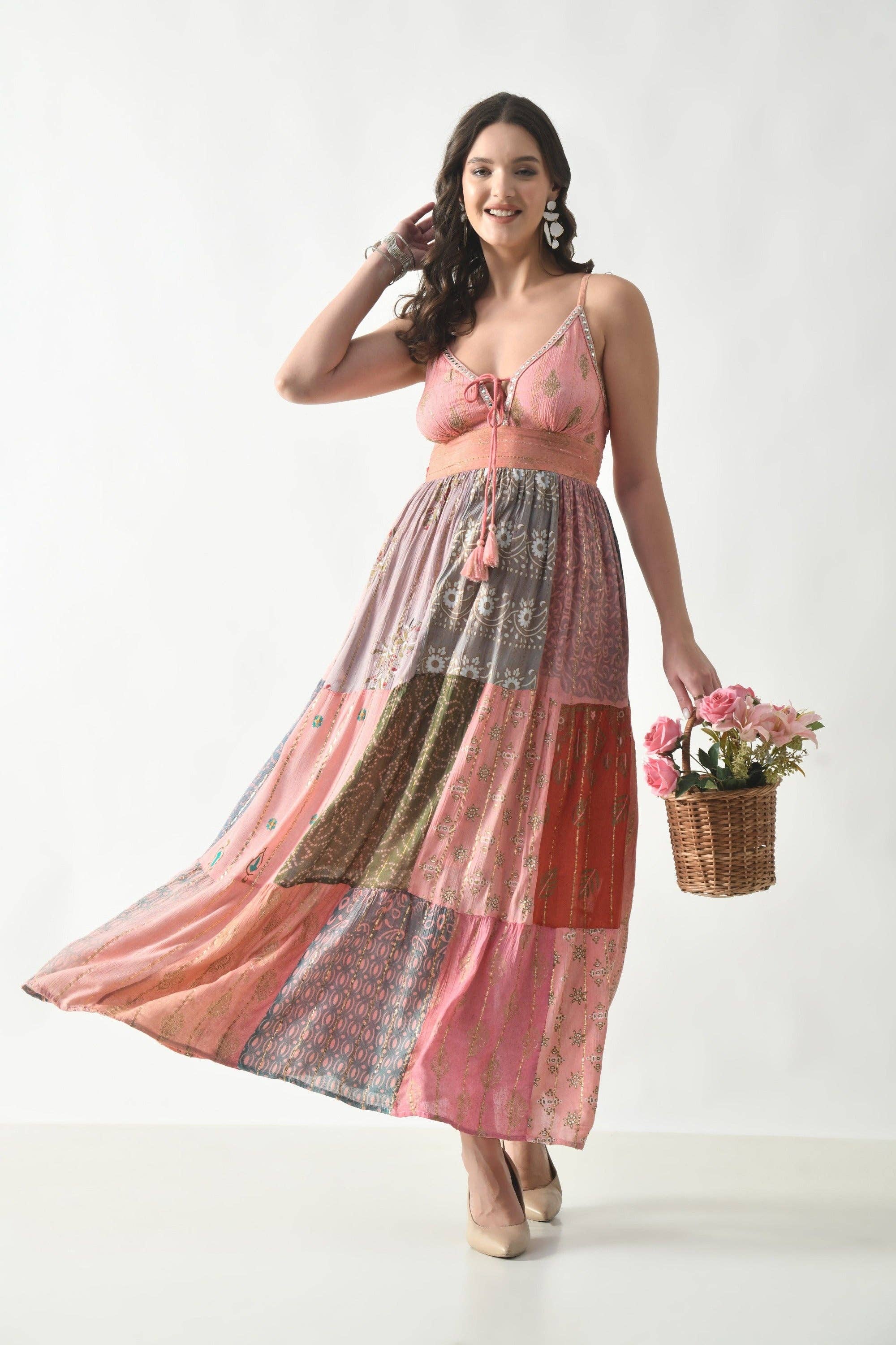 26428 Bohemian Patchwork Maxi Dress – Blue Multi Print Halter Dress boho clothing, festival outfit, hippie style apparel | Elevated Hippie