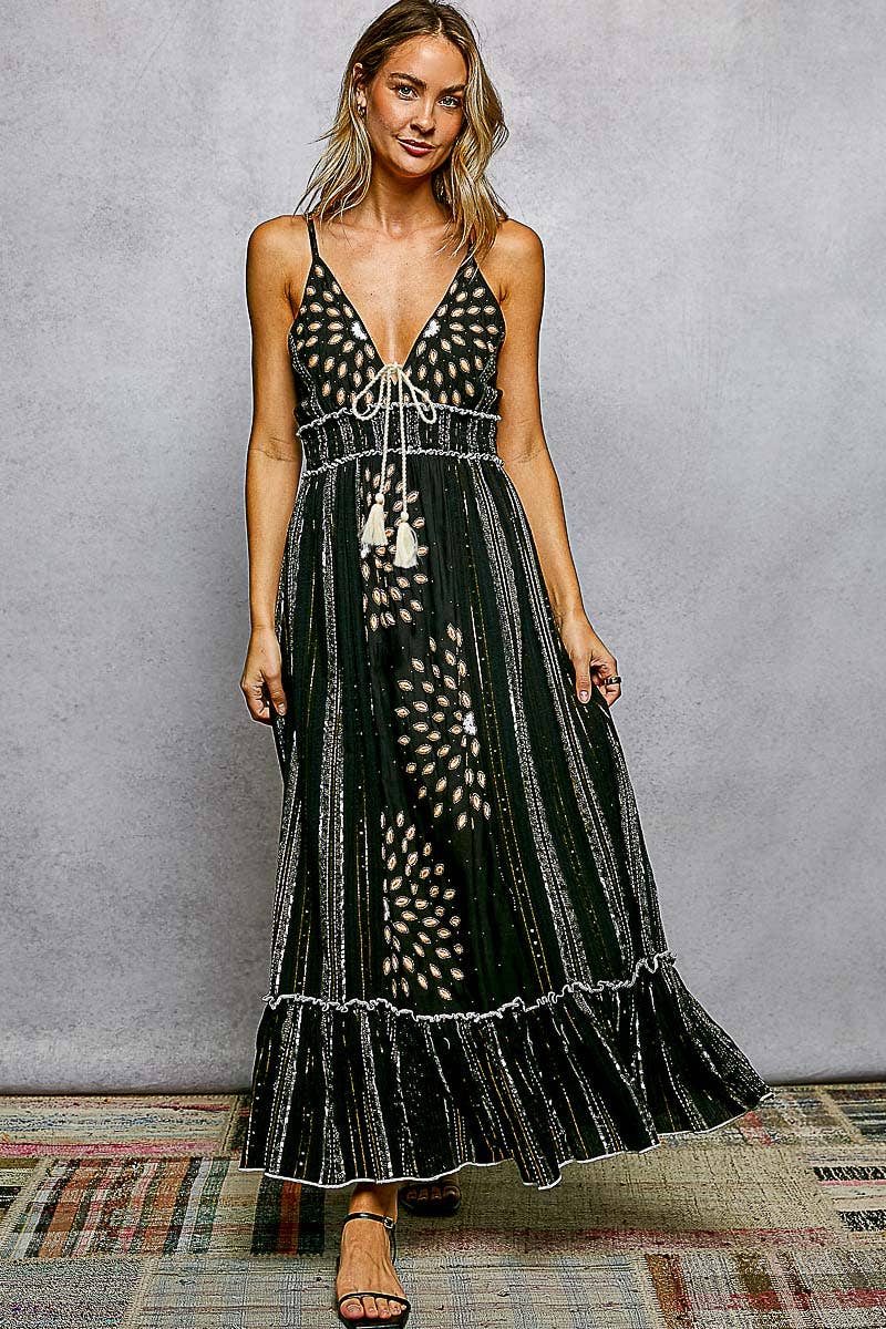 Deep V-Neck Tassel Ruffle Embroidered Trim Maxi Dress boho clothing, festival outfit, hippie style apparel | Elevated Hippie