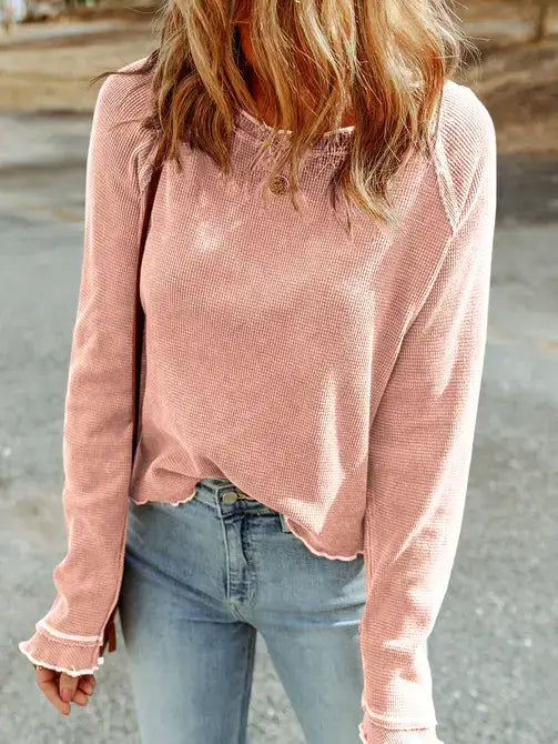 Lovesoft Textured Round Neck Long Sleeve Knit Top – Green boho clothing, festival outfit, hippie style apparel | Elevated Hippie