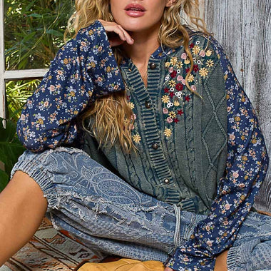 Long sleeve embroidery floral knitted sweater hoodie top - The Elevated Hippie