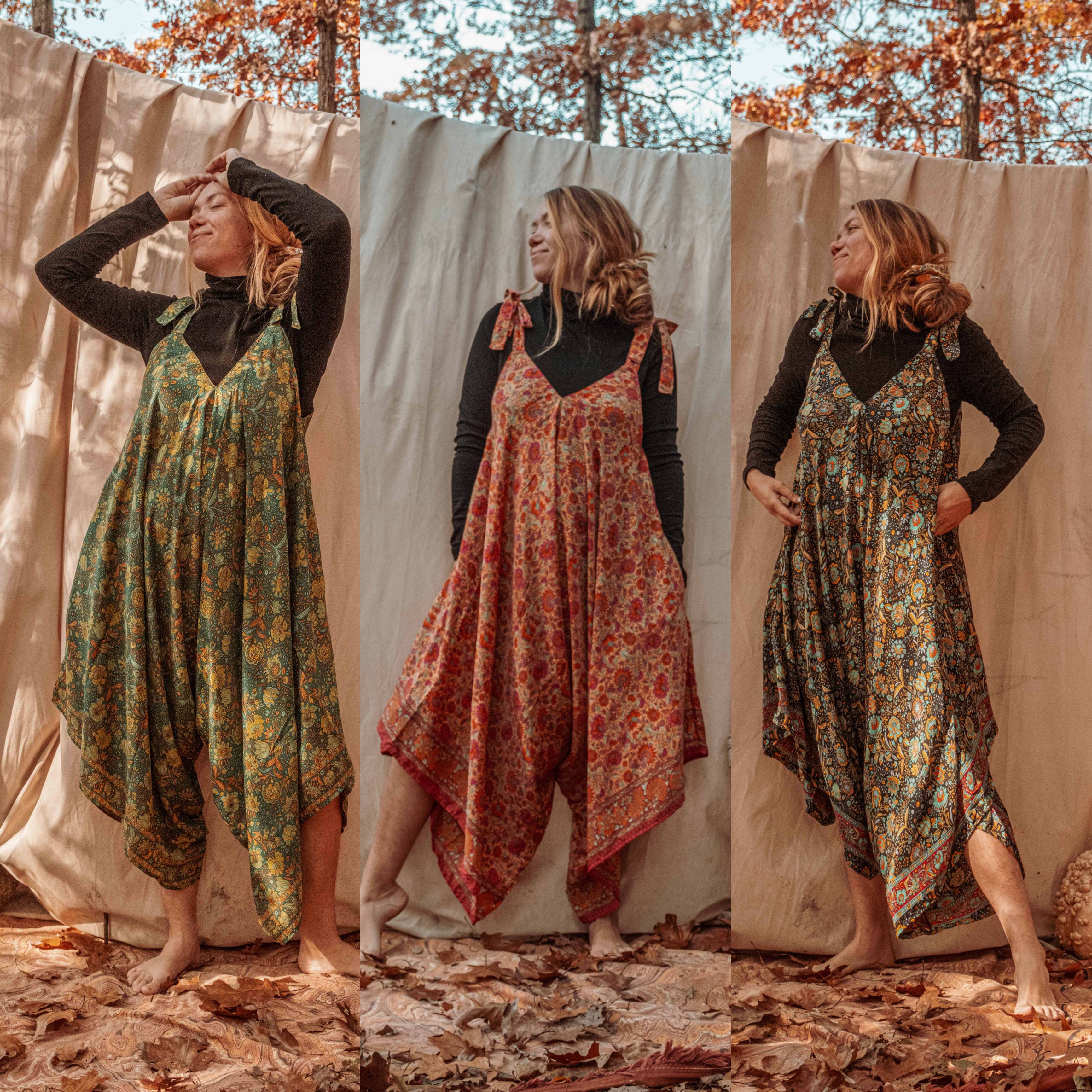 Hippie Bohemian Silk Flowy Tie Jumpsuit, Floral Jumper boho clothing, festival outfit, hippie style apparel | Elevated Hippie