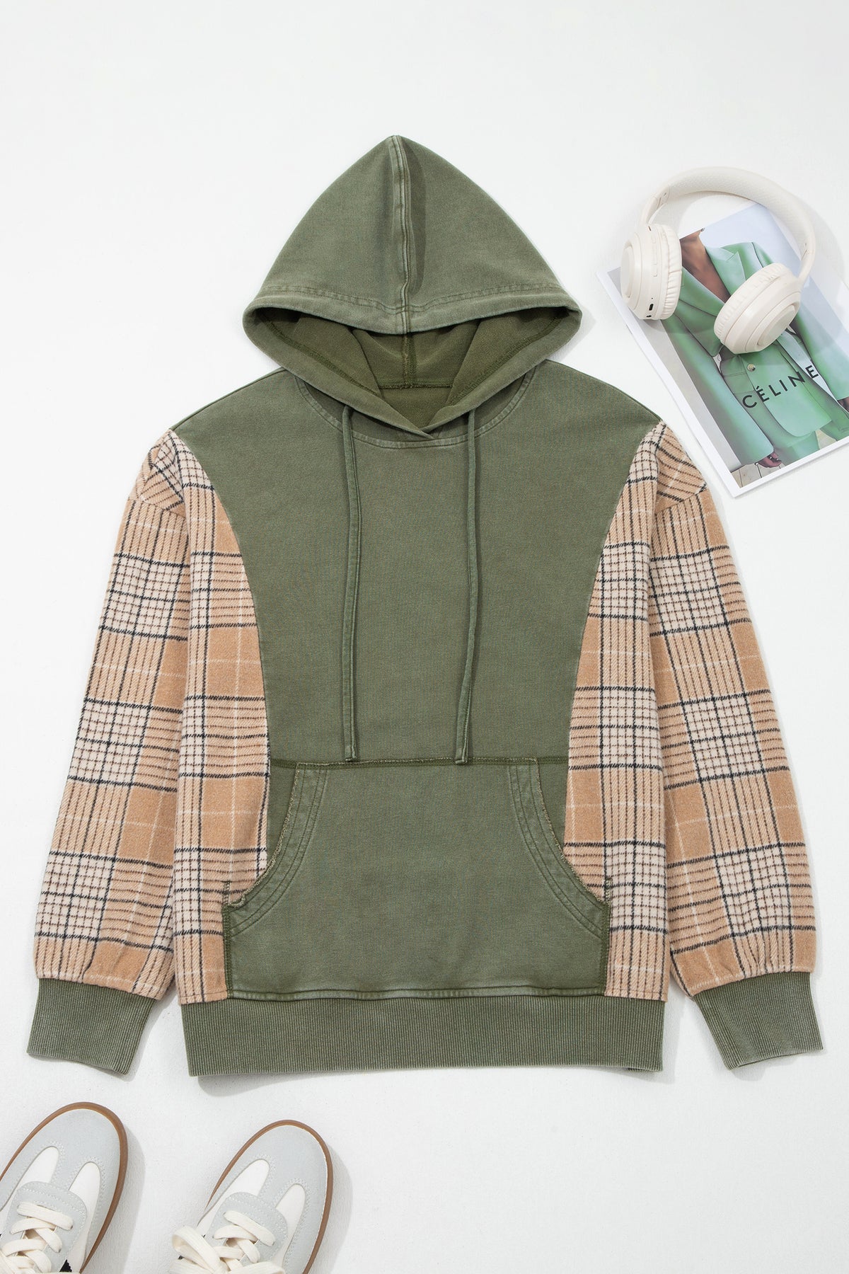 Plaid Sleeve Drawstring Hooded Sweatshirt - Moss Green