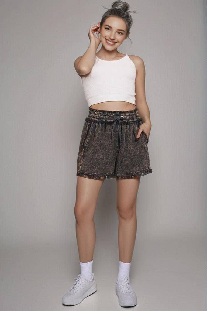 Tencel Mineral Washed Drawstring Shorts – Fray Hem Boho Lounge Shorts – Soft Lightweight Festival Bottoms with Pockets – 100% Tencel - The Elevated Hippie