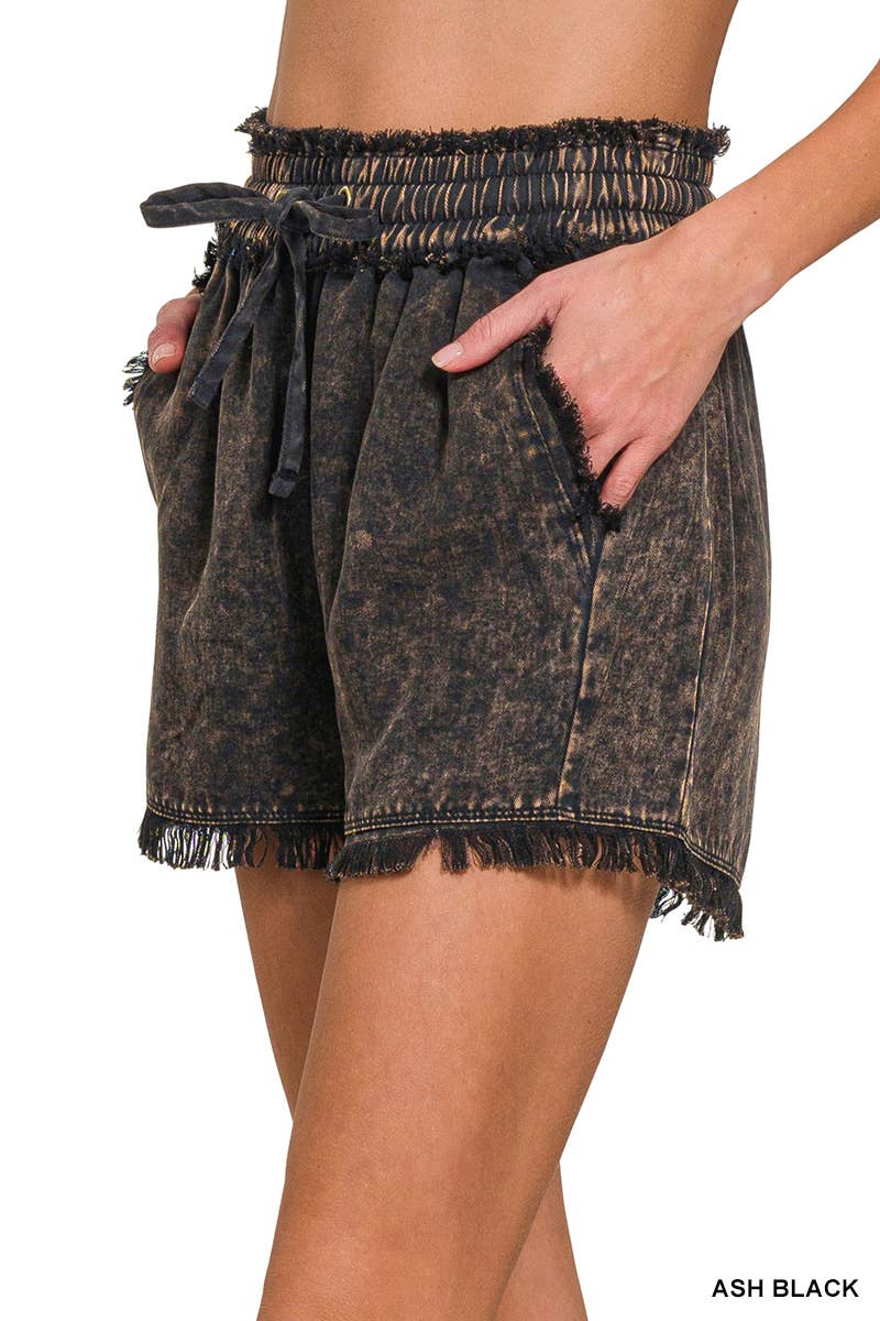 Tencel Mineral Washed Drawstring Shorts – Fray Hem Boho Lounge Shorts – Soft Lightweight Festival Bottoms with Pockets – 100% Tencel - The Elevated Hippie