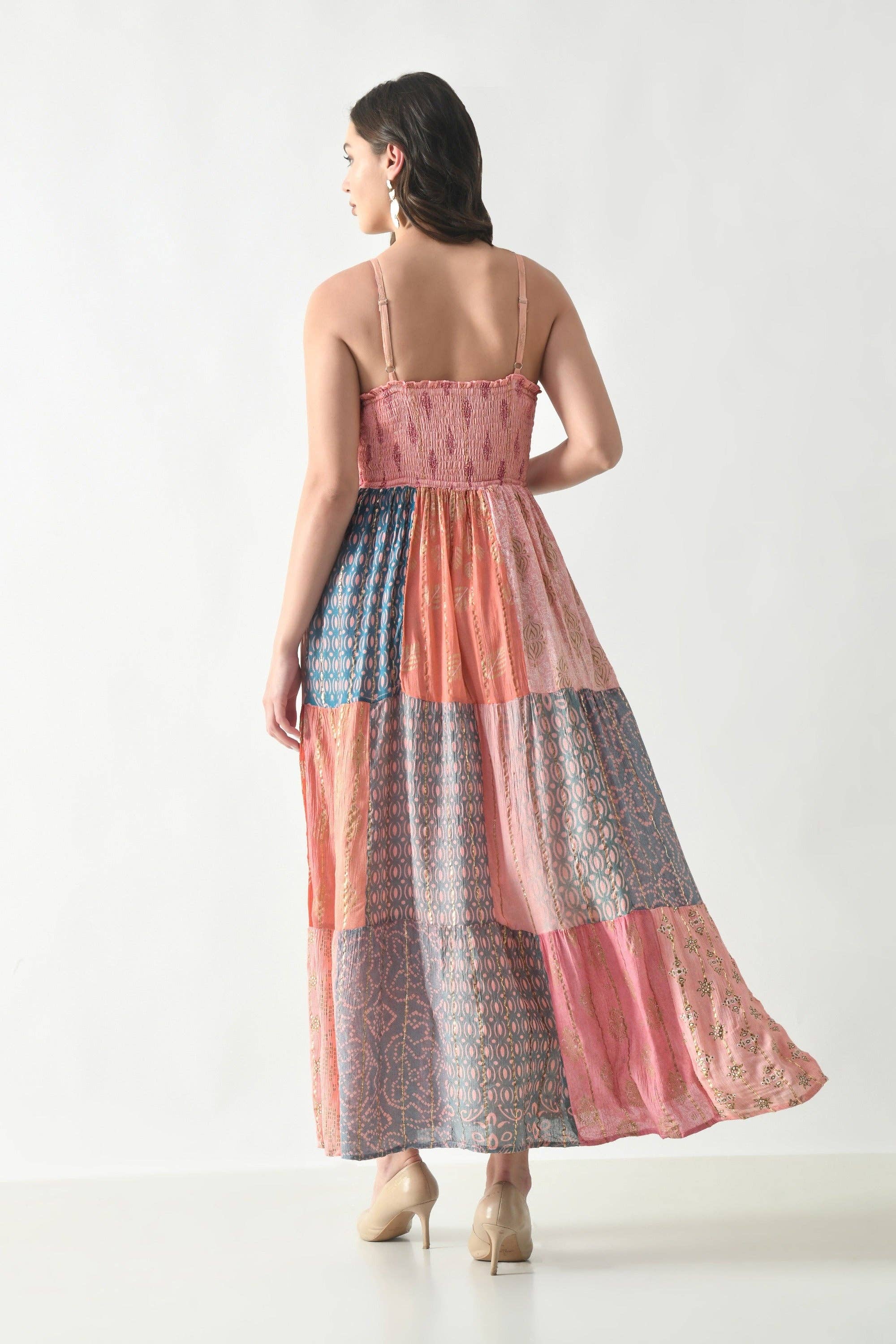 26428 Bohemian Patchwork Maxi Dress – Blue Multi Print Halter Dress boho clothing, festival outfit, hippie style apparel | Elevated Hippie