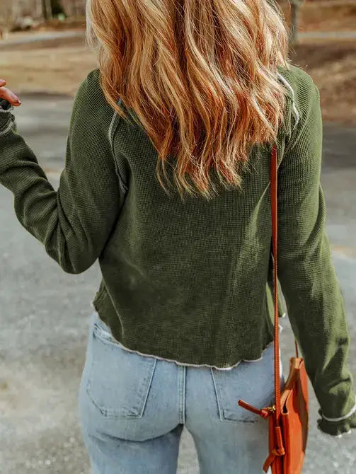 Lovesoft Textured Round Neck Long Sleeve Knit Top – Green boho clothing, festival outfit, hippie style apparel | Elevated Hippie