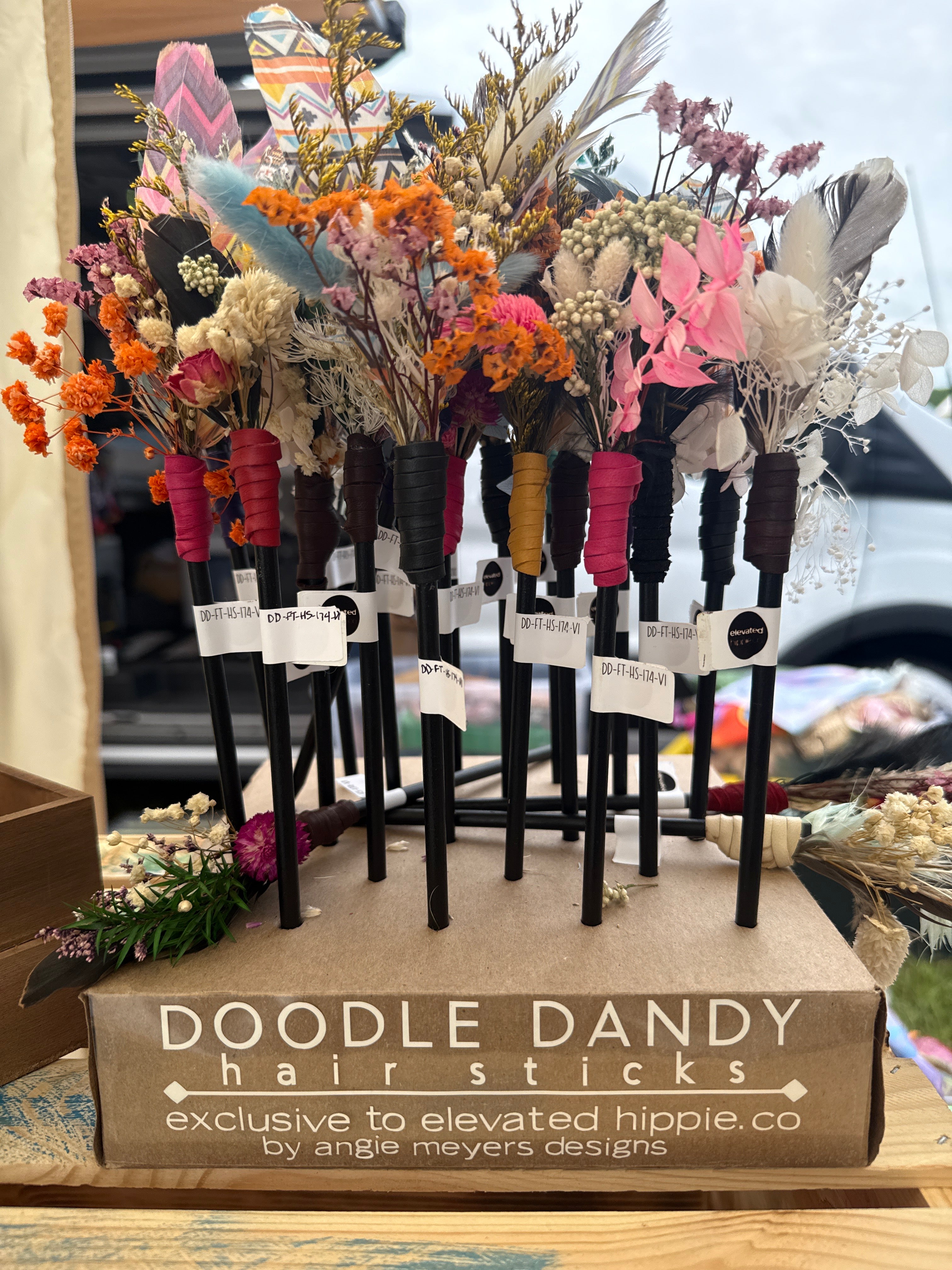 Angie Myers Designs Doodle Dandy Feather Dried Flower Hair Sticks | Boho Hair Accessories boho clothing, festival outfit, hippie style apparel | Elevated Hippie