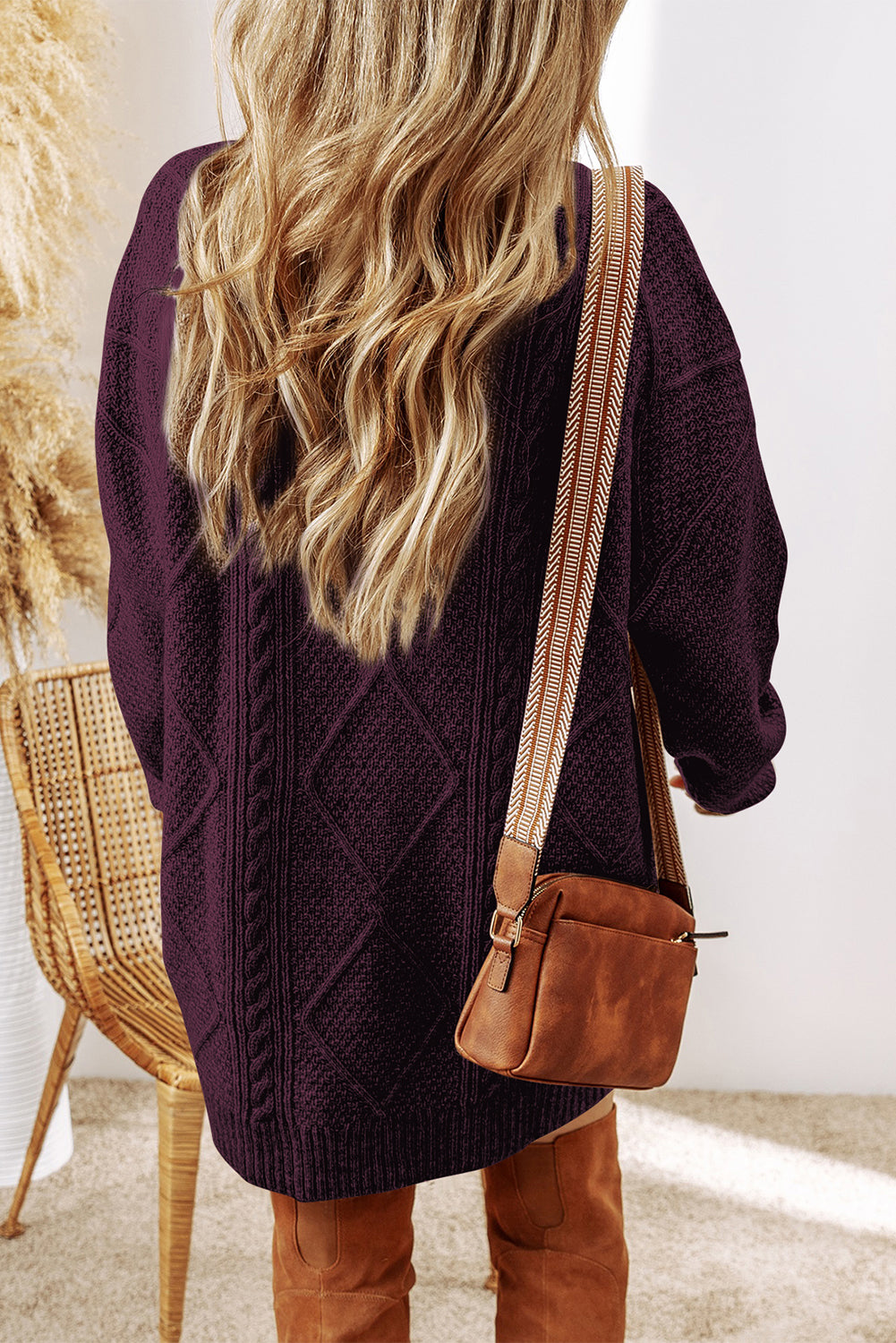 Burgundy Cable Knit Drop Shoulder Sweater Dress