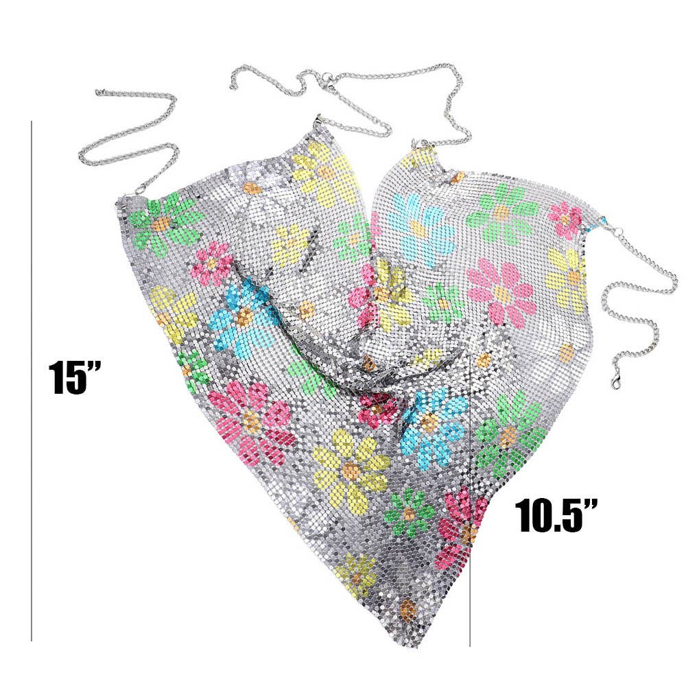 Flower Printed Metal Mesh Camisole Halter Top Body Chain Necklace boho clothing, festival outfit, hippie style apparel | Elevated Hippie