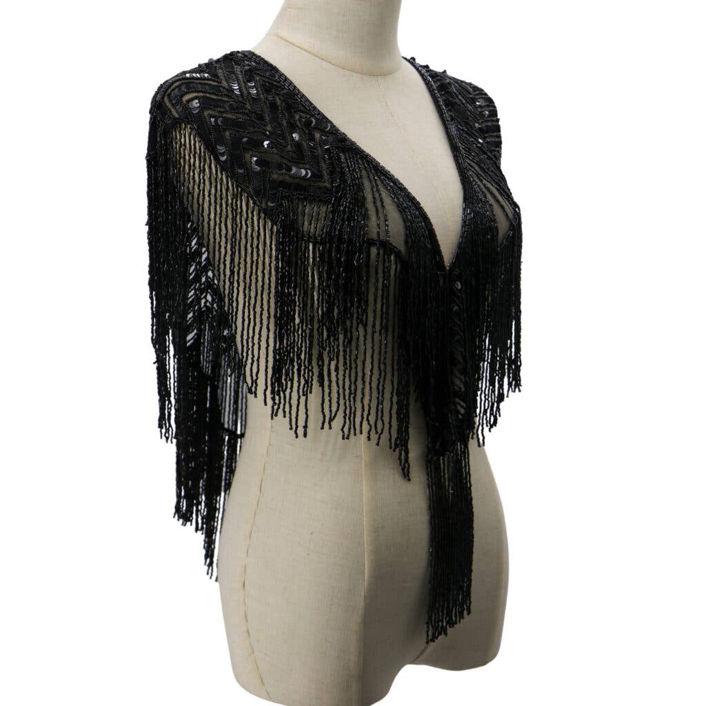 8859 - Black Beaded Shawl, Chevron Pattern boho clothing, festival outfit, hippie style apparel | Elevated Hippie