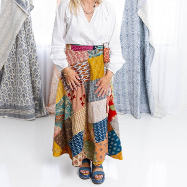 Colorful Patchwork Wrap Skirt – 100% Cotton - The Elevated Hippie