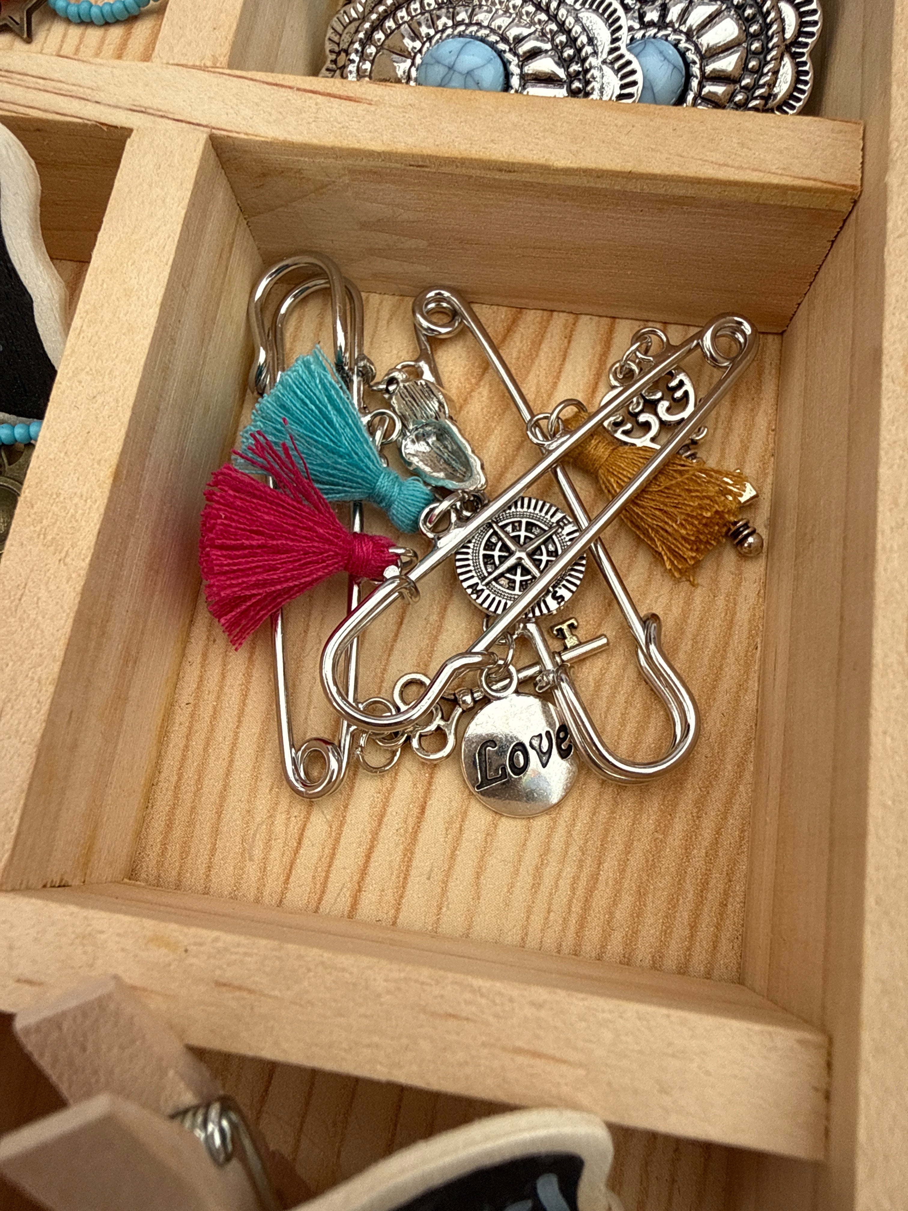 Safety Pin with Dangle Tassel & Charm | Boho Accessory Misc Styles boho clothing, festival outfit, hippie style apparel | Elevated Hippie
