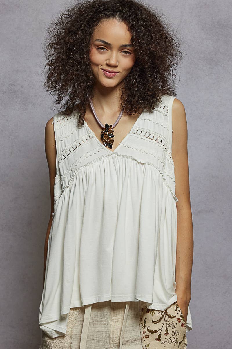 Sleeveless V-Neck Babydoll Lace Trim Knit Top boho clothing, festival outfit, hippie style apparel | Elevated Hippie