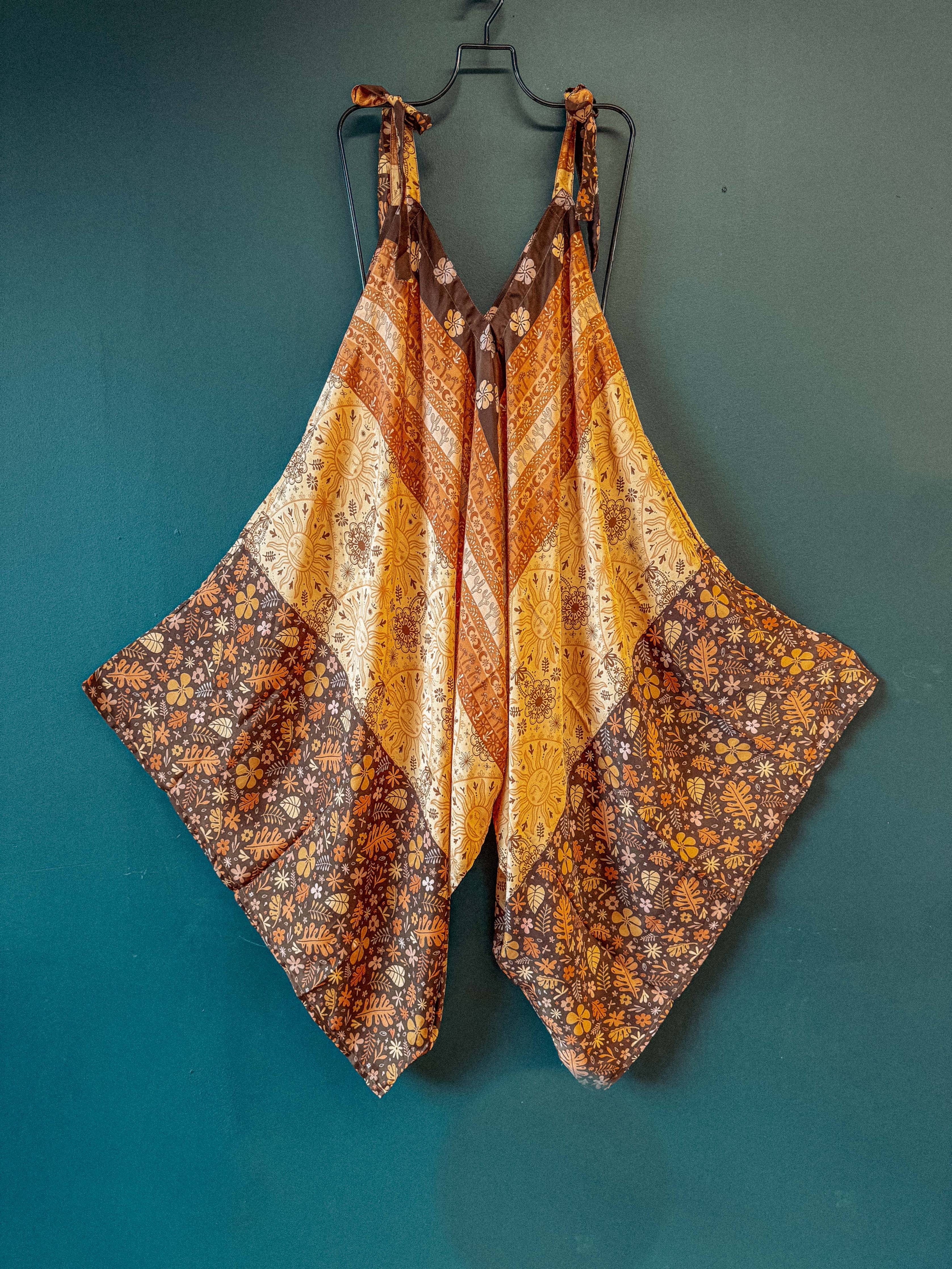 Hippie Bohemian Silk Flowy Tie Jumpsuit, Floral Jumper boho clothing, festival outfit, hippie style apparel | Elevated Hippie