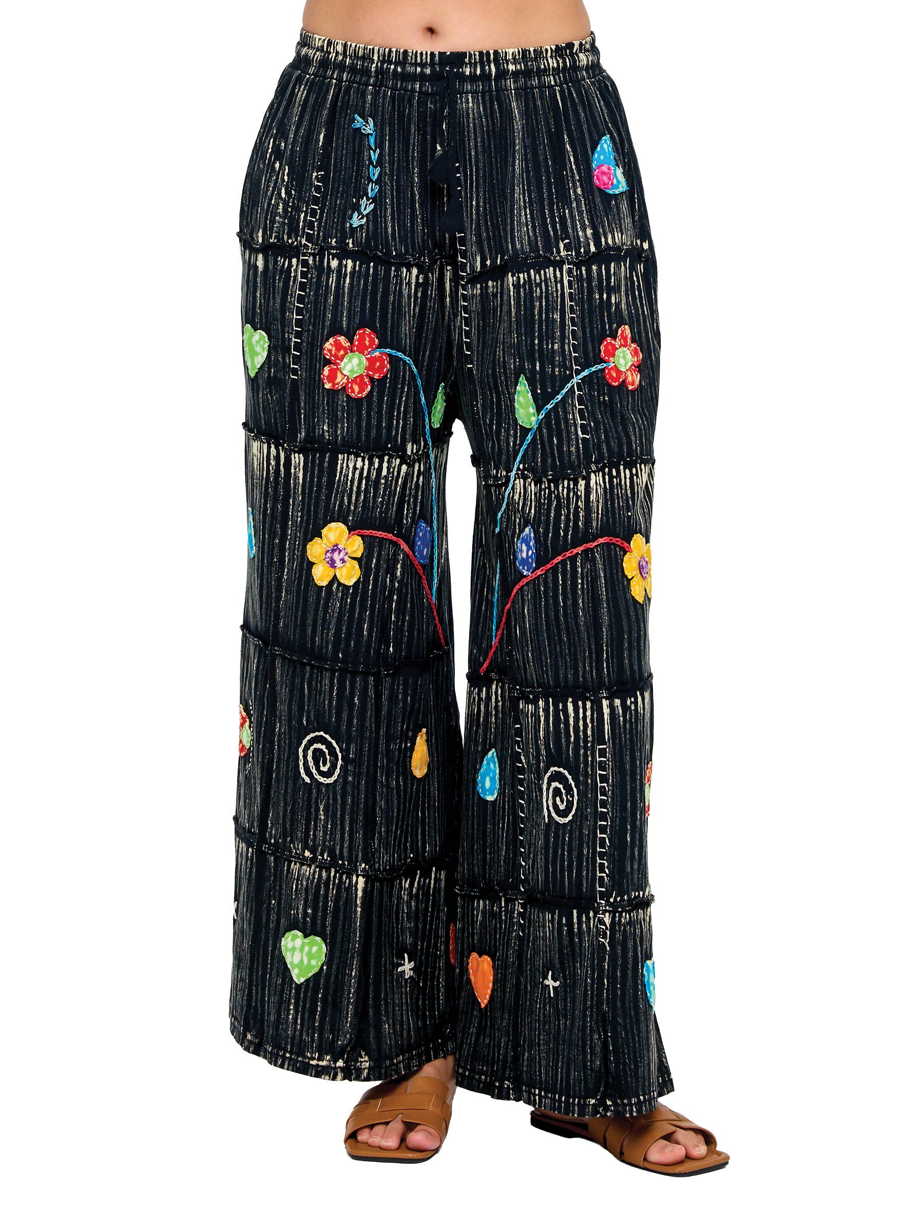 Brushed Tie Dye Hand Embroidered Floral Pants boho clothing, festival outfit, hippie style apparel | Elevated Hippie