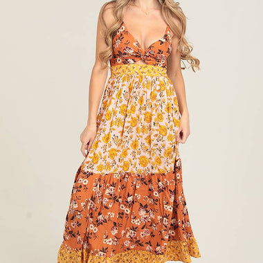 V-Neck Twist Front Cut-Out Patchwork Maxi Dress - The Elevated Hippie