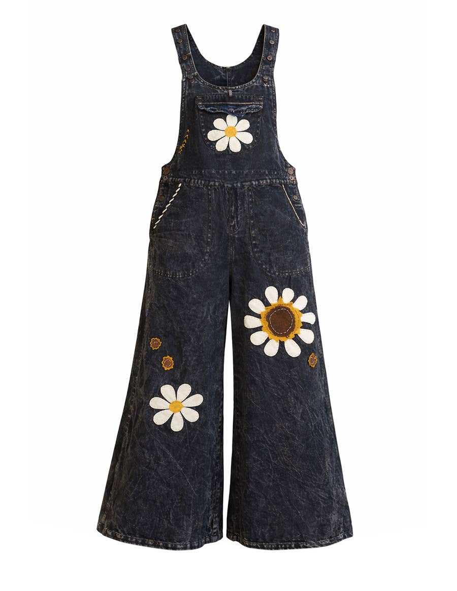 Boho Daisy Flower Embroidered Solid Cotton Hippie Overall boho clothing, festival outfit, hippie style apparel | Elevated Hippie