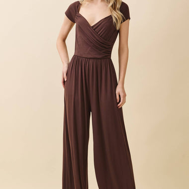JR56657 - RUCHED SURPLICE PALAZZO JUMPSUIT - The Elevated Hippie