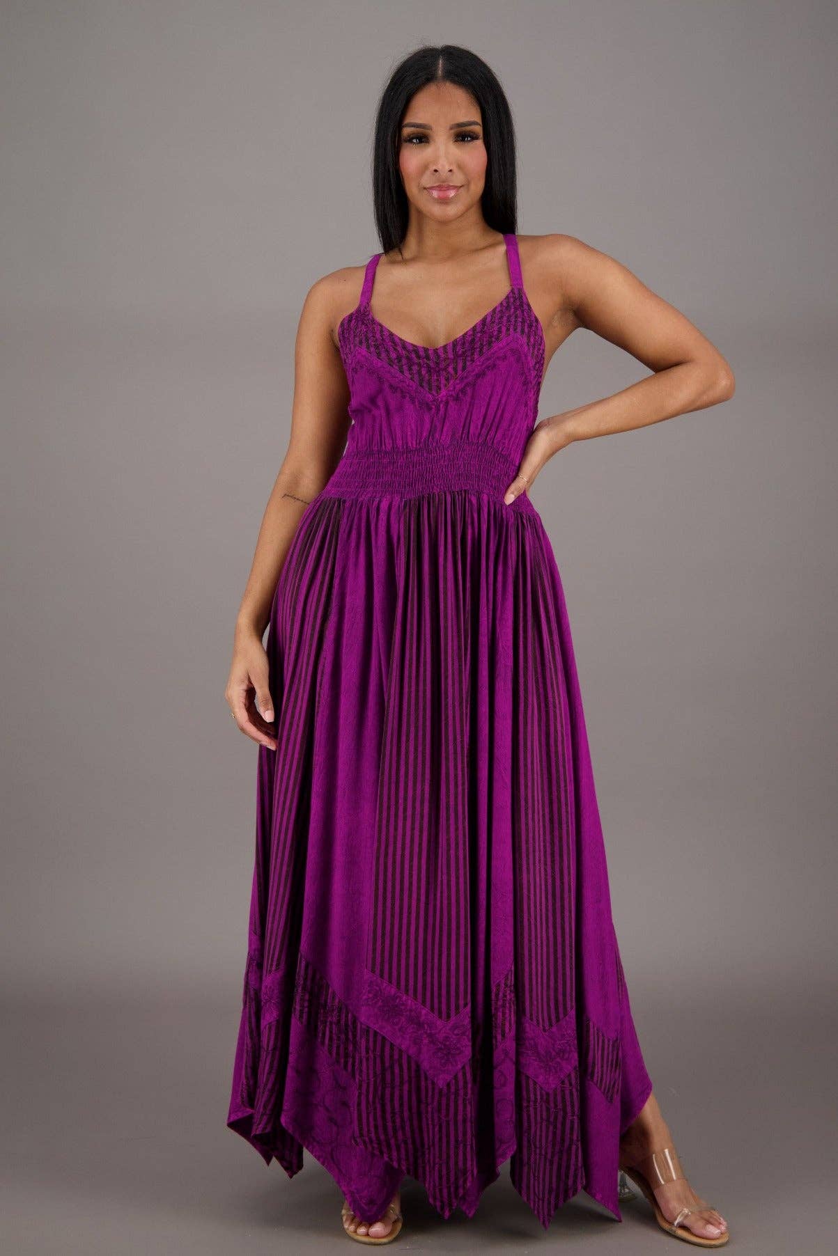 Regal Flair Acid Wash Maxi Dress ADL-24339 boho clothing, festival outfit, hippie style apparel | Elevated Hippie