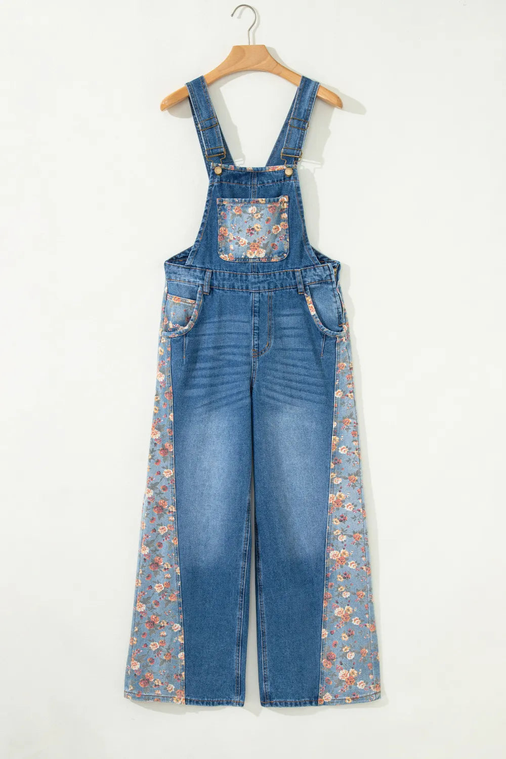 Peacock Blue Floral Patchwork Bib Denim Wide Leg Overalls boho clothing, festival outfit, hippie style apparel | Elevated Hippie